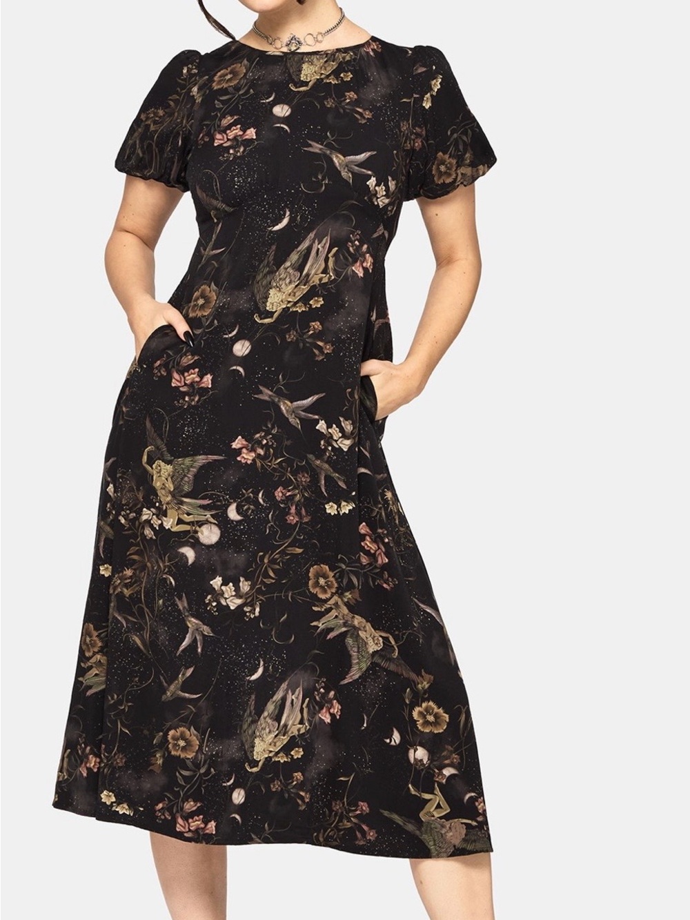 Disturbia Midi Dress Fairies Moon Flowers 8 NWT Harpyai Goth Feminine - Picture 5 of 9